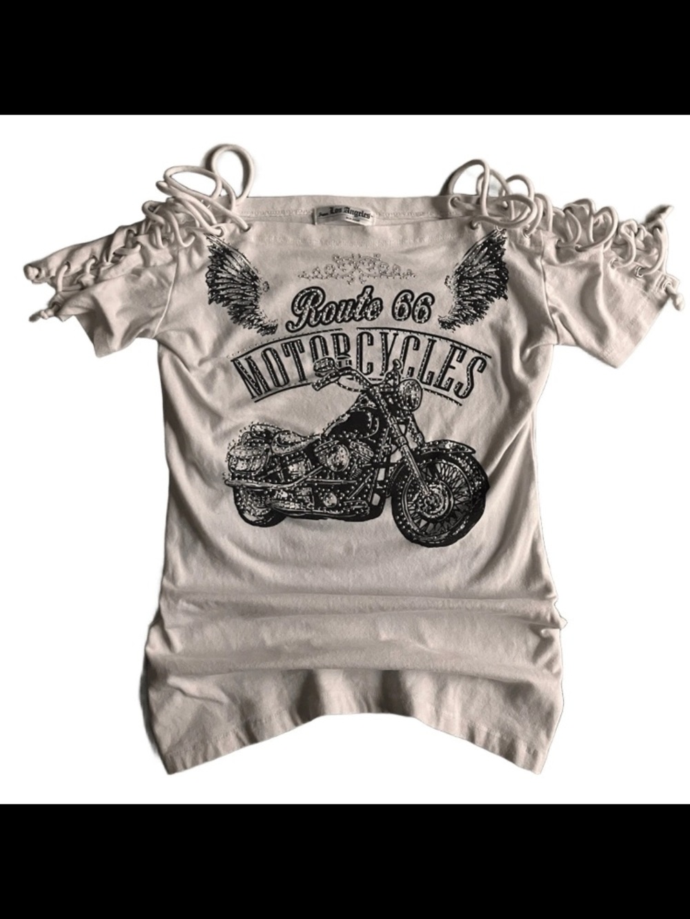 Y2K Bus Stop Top Lace Up Rhinestone Motorcycle Wings 14.5x21.5 Stretch Biker Alt